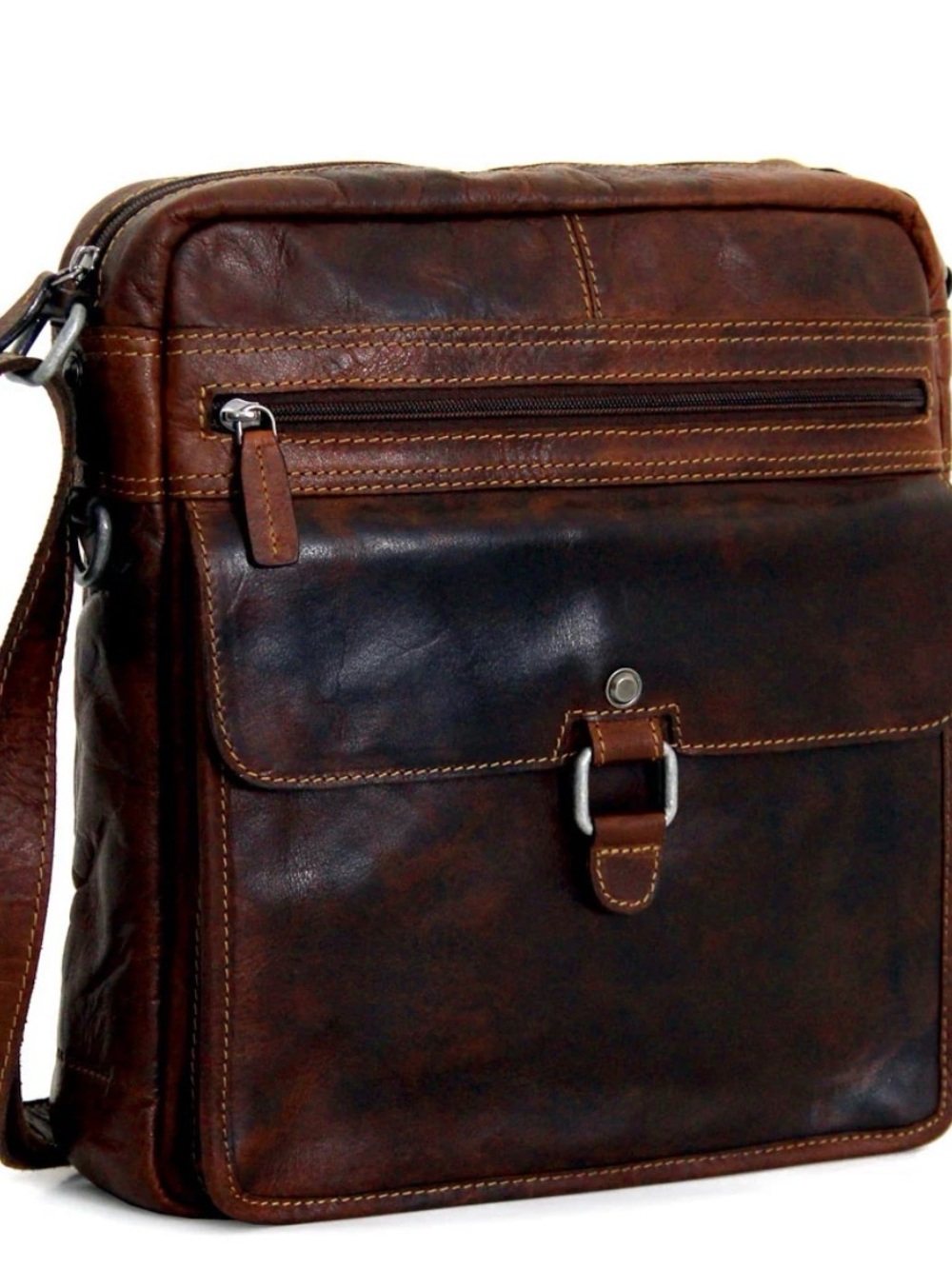 Men's Vintage Brown Leather Messenger Bag with Front Buckle